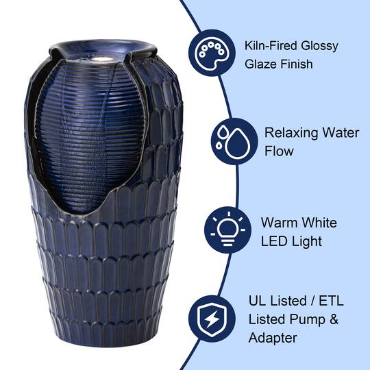 Glitzhome® 28.25" LED Petals Textured Ceramic Jar Outdoor Floor Fountain